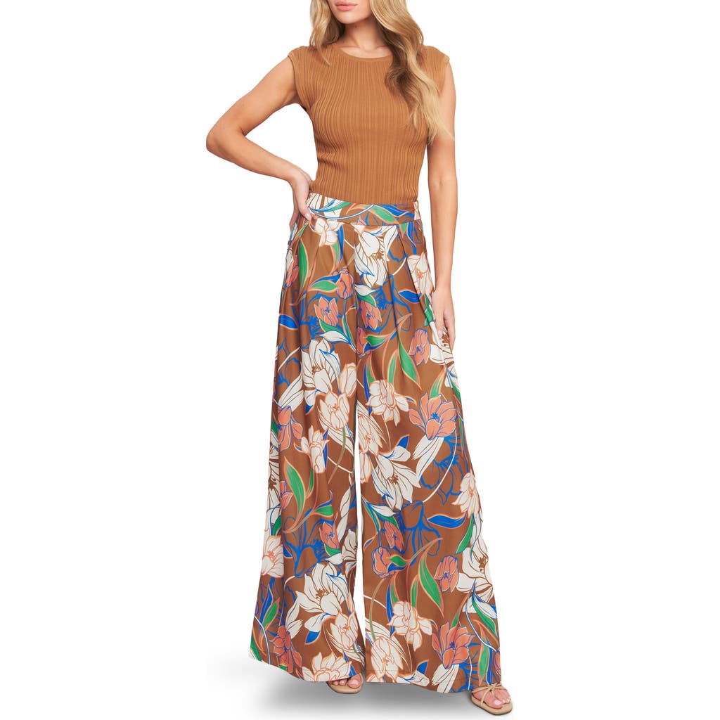 Flying Tomato Floral Pleated Front Wide Leg Pants In Brown