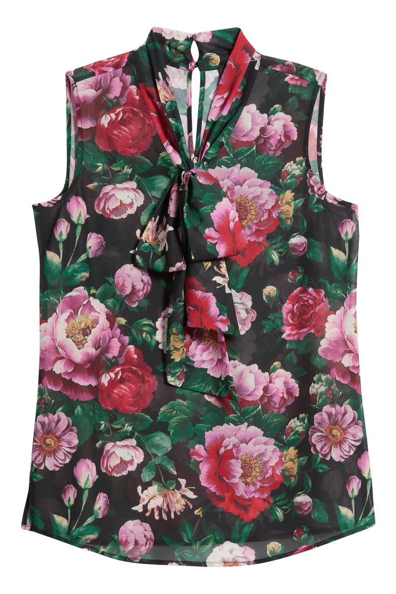 Floral Tie Neck Chiffon Top, Alternate, color, BLACK MULT
