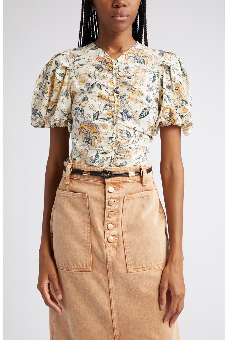 Elisa Ruched Puff Sleeve Silk Blouse, Alternate, color, GARDENIA
