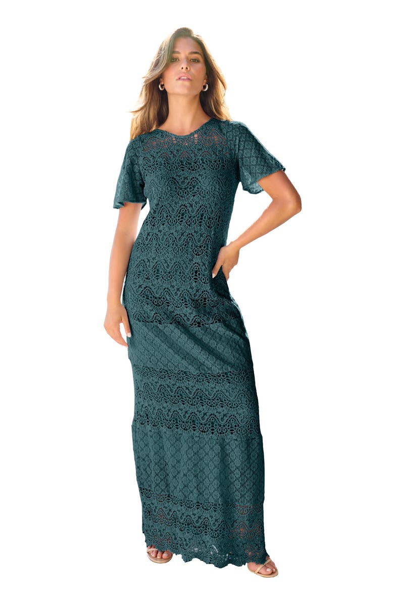 Roaman's Crochet Lace Maxi Dress, Main, color, Mystic Pine