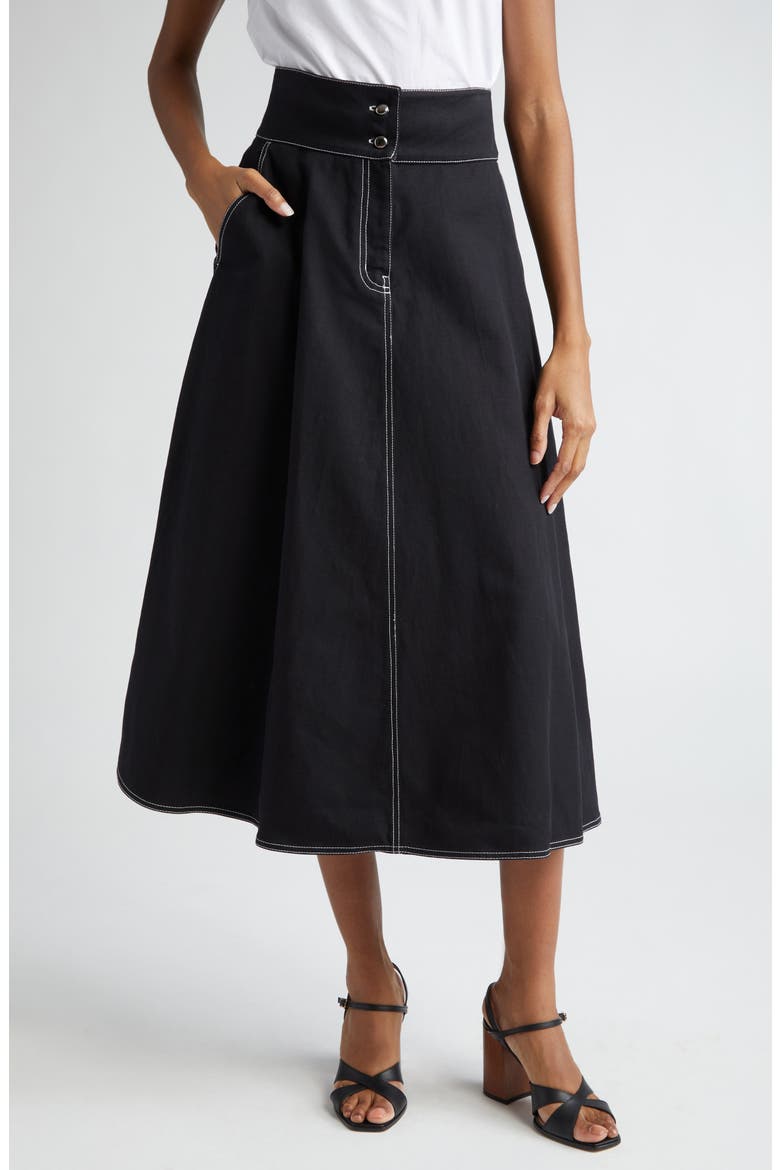 Cotton & Linen Canvas Midi Skirt, Main, color, BLACK