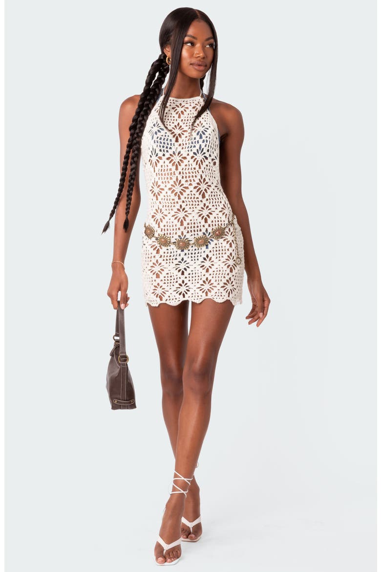 Brynlee Crochet Cover-Up Halter Minidress, Alternate, color, CREAM