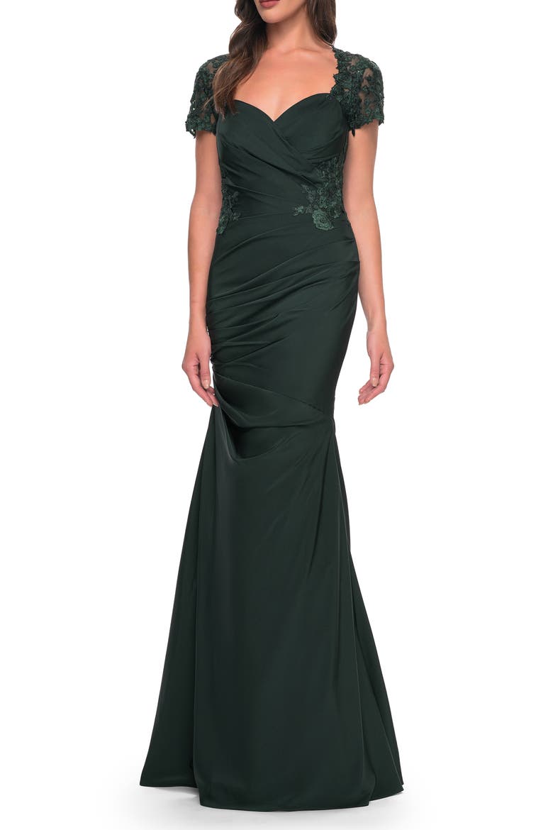 Satin Evening Dress with Lace and Scoop Neckline, Main, color, Dark Emerald