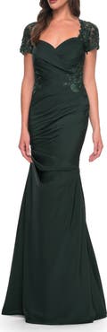 La Femme Satin Evening Dress with Lace and Scoop Neckline