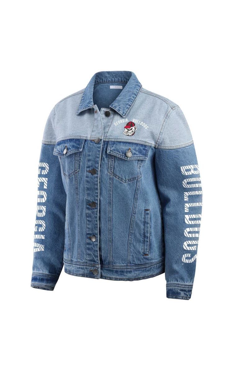 WEAR by Erin Andrews Women's WEAR by Erin Andrews Denim Georgia Bulldogs Sleeve Hit Colorblock Button-Down Denim Jacket, Alternate, color, Denim
