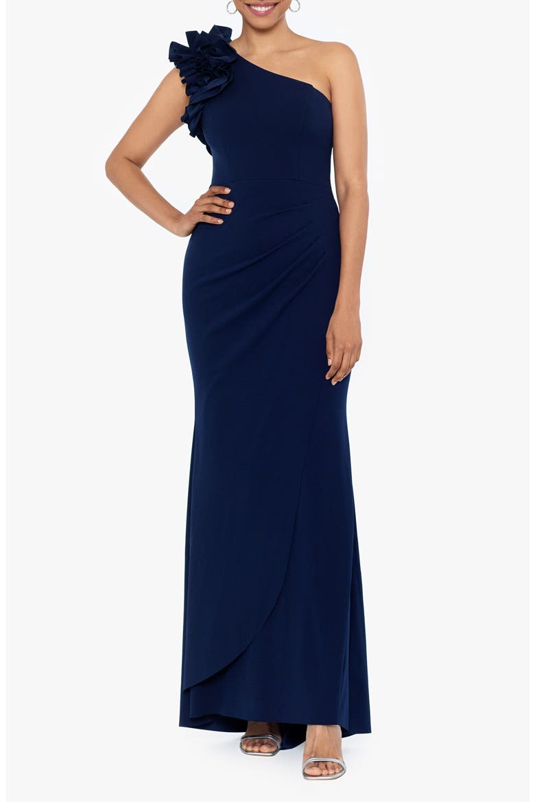 Ruffle One-Shoulder Scuba Crepe Gown, Main, color, NAVY