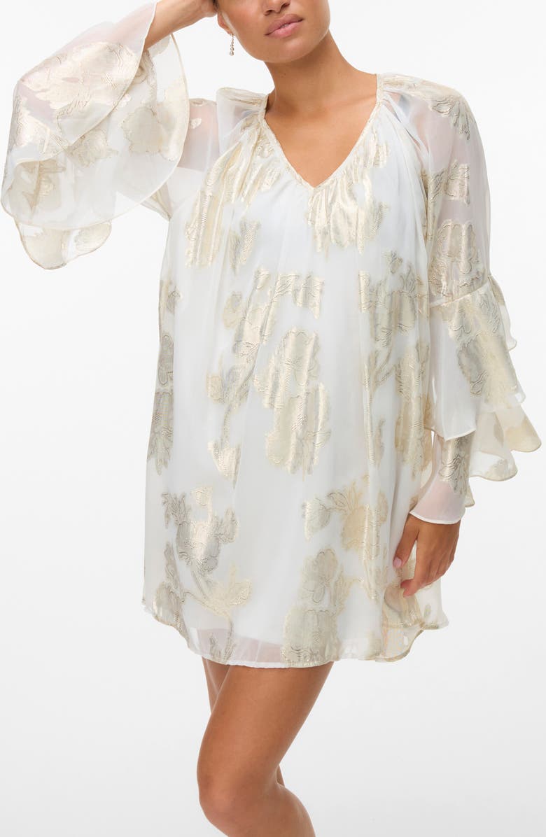 VERO MODA Chili Metallic Tiered Ruffle Minidress, Alternate, color, Cloud Dancer Detail