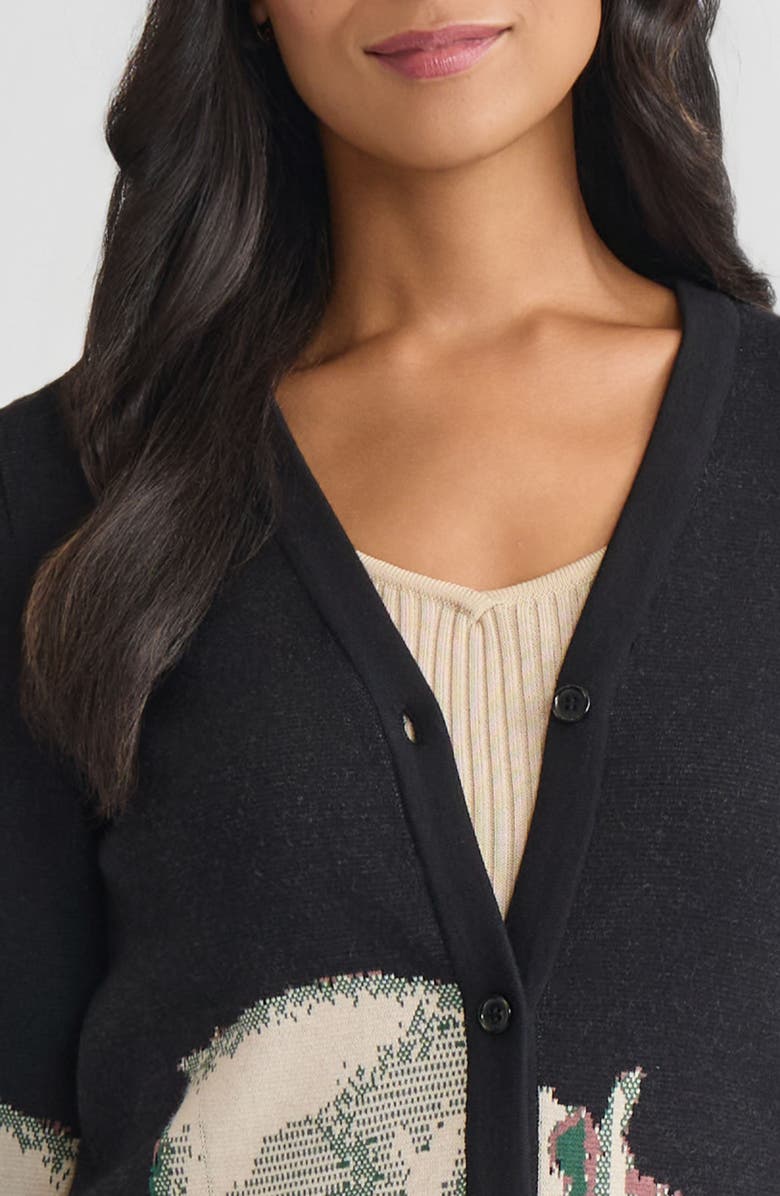 Misook Relaxed Floral Jacquard Knit Cardigan, Alternate, color, Dark Ivy/Black/Midnight Umber