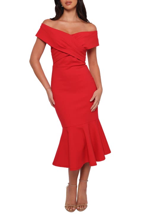 Aidan Mattox Off the selling Shoulder Bardot Red Midi Dress