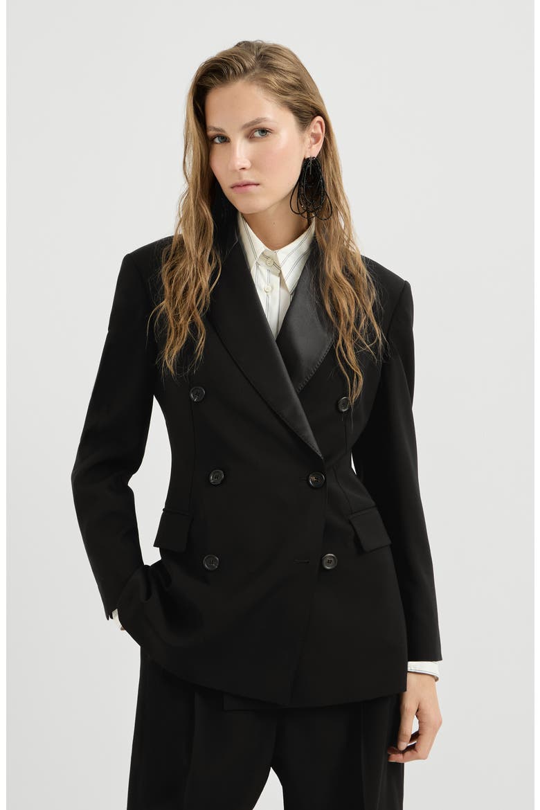 Viscose and virgin wool tuxedo jacket with monili, Main, color, Black