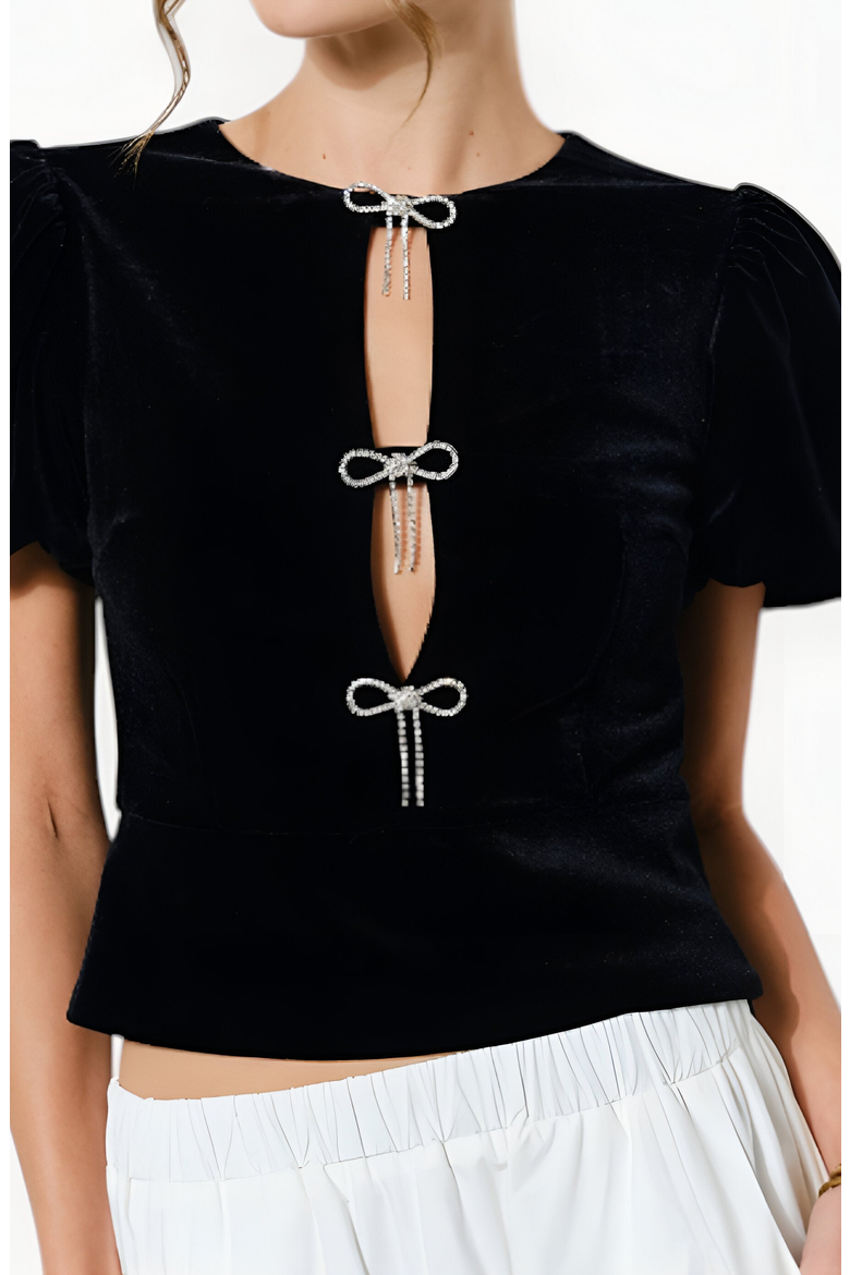 Velvet Puff Sleeve Top with Front Keyhole Cutouts and Rhinestone Bow Details, Alternate, color, Black