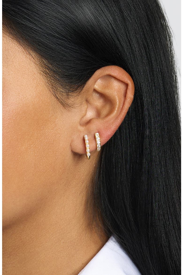 Faux Pearl & Cubic Zirconia Double Huggie Hoop Earrings, Alternate, color, GOLD