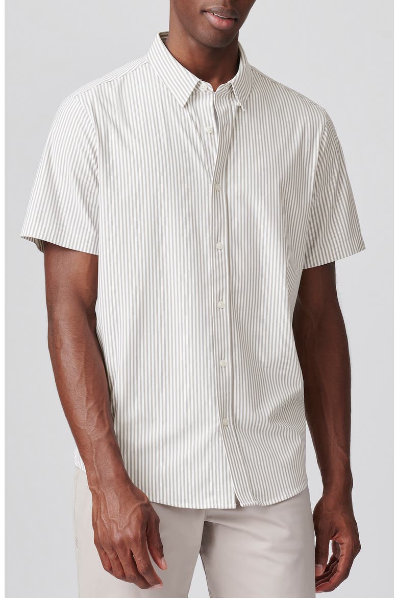 Commuter Short Sleeve Performance Button-Down Shirt, Main, color, KHAKI STRIPE