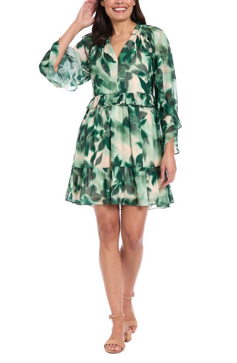 Floral Ruffle Long Sleeve A-Line Dress