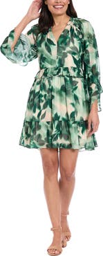London Times Floral Ruffle Long Sleeve A-Line Dress