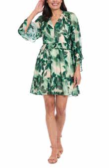 London Times Floral Ruffle Long Sleeve A-Line Dress