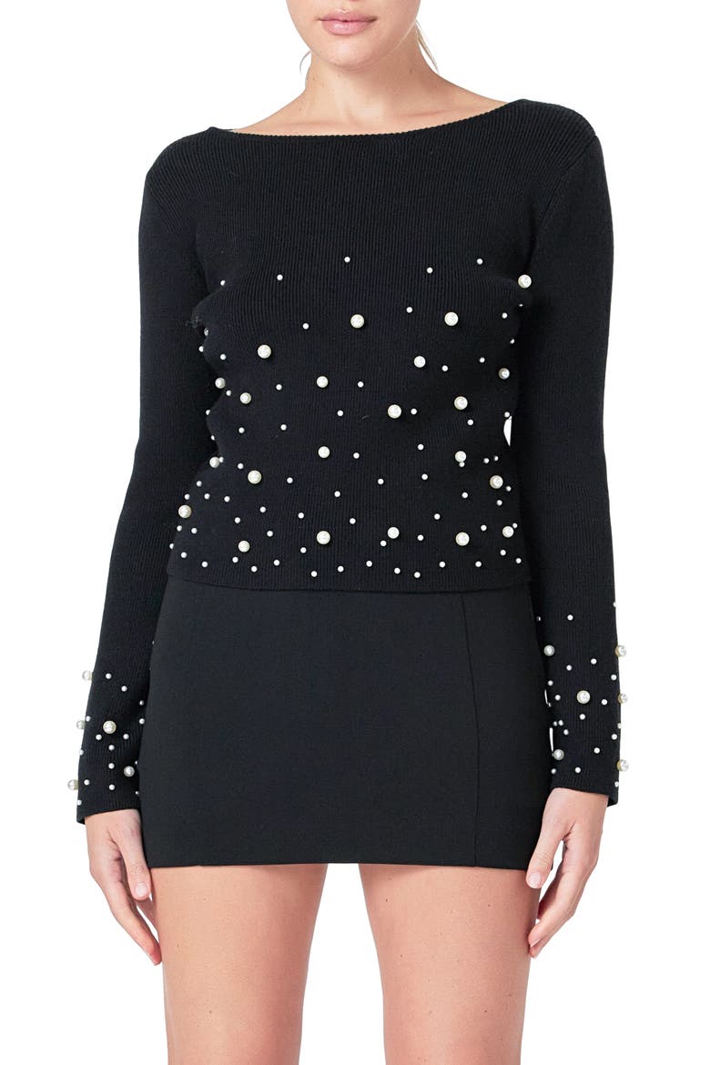 Imitation Pearl Embellished Sweater, Main, color, BLACK