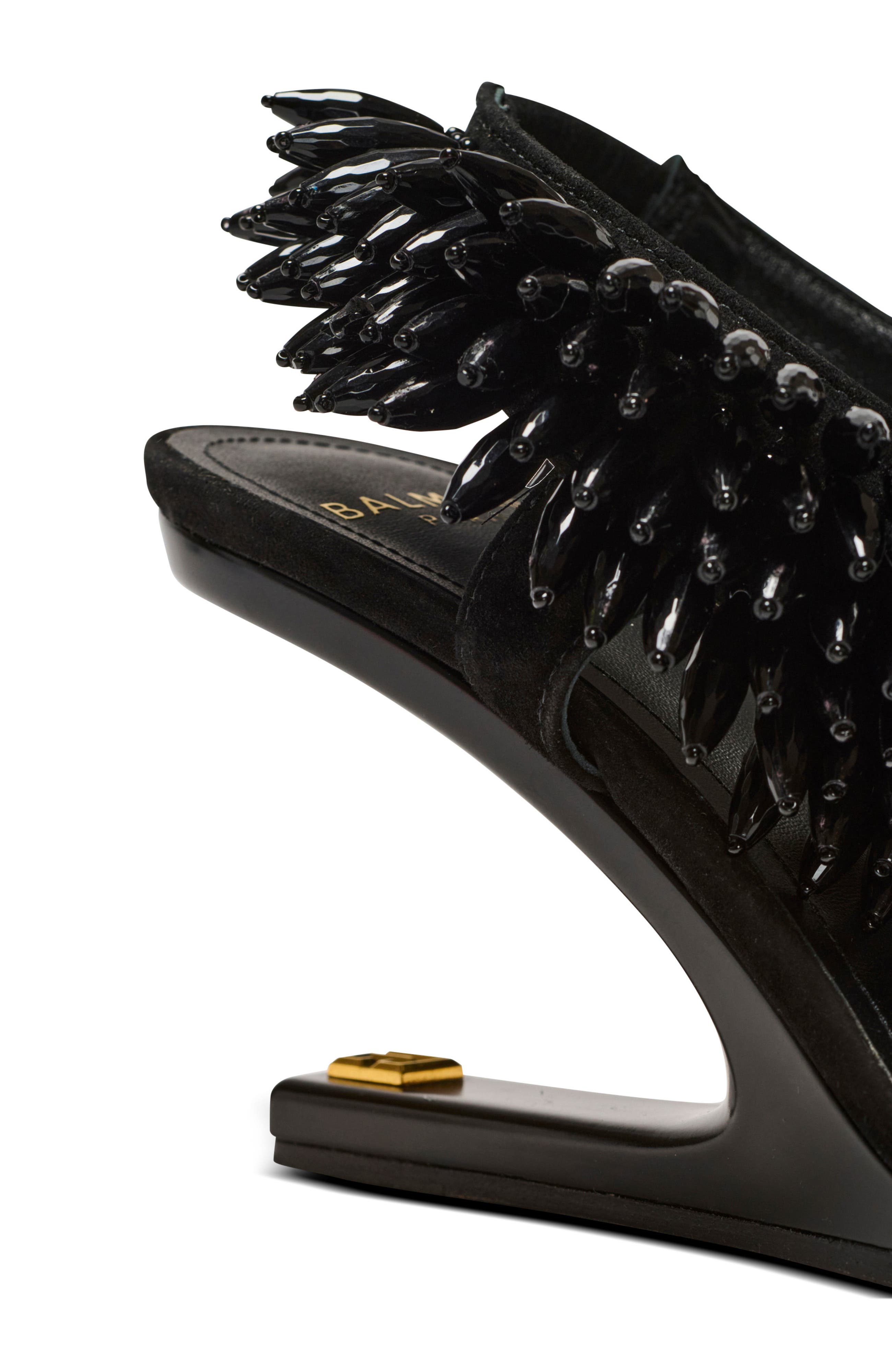 Balmain "No Wedge" beaded suede sandals, Alternate, color, Black
