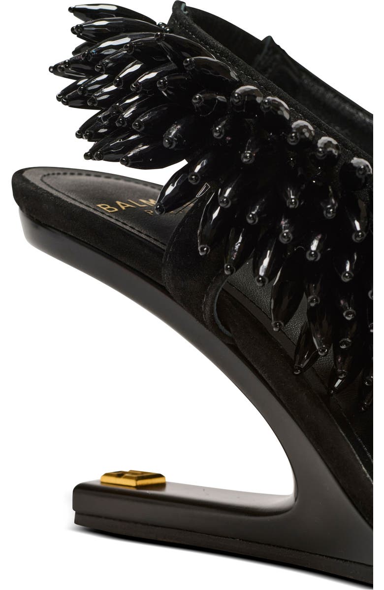 Balmain "No Wedge" beaded suede sandals, Alternate, color, Black