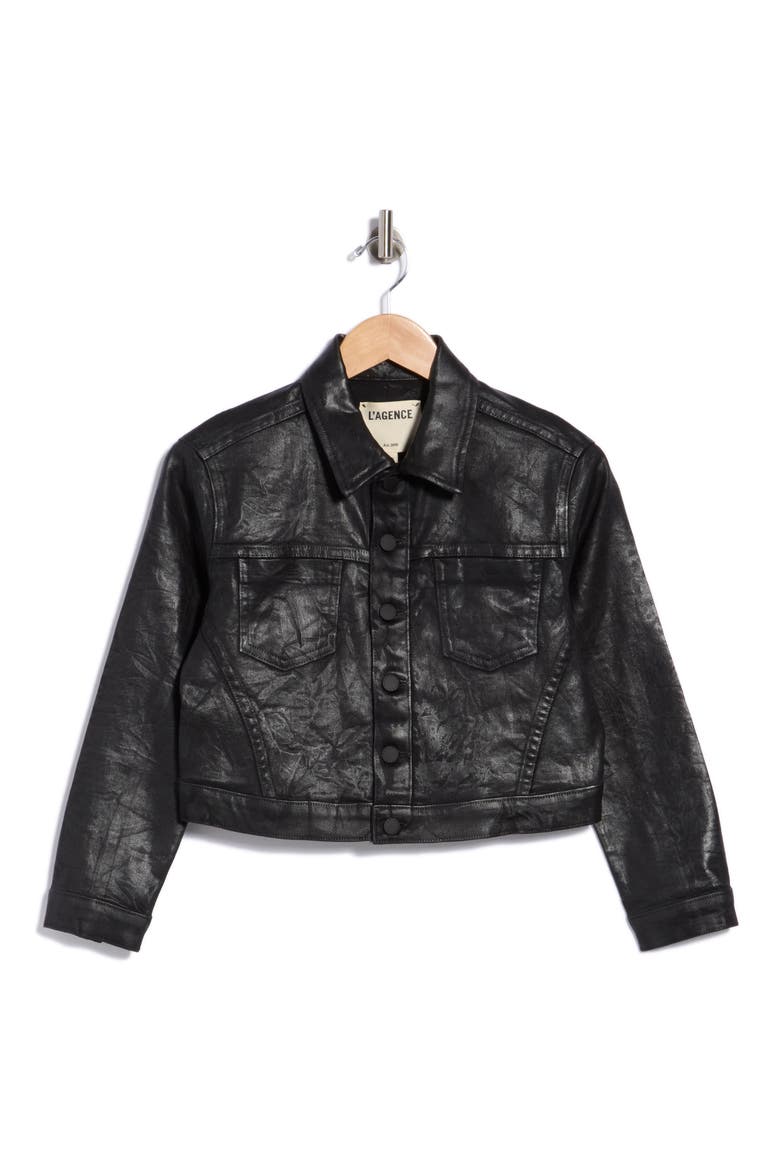 Alma Cropped Coated Trucker Jacket, Alternate, color, BLACK CRACKLE COATED