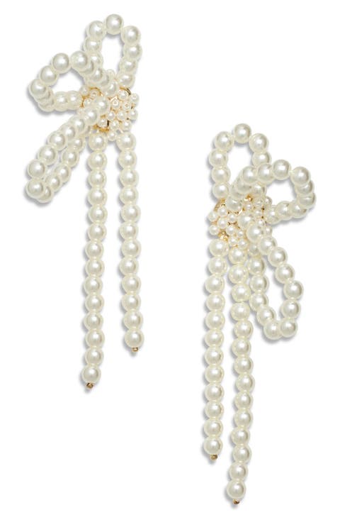 Faux Pearl Draped Bow Drop Earrings