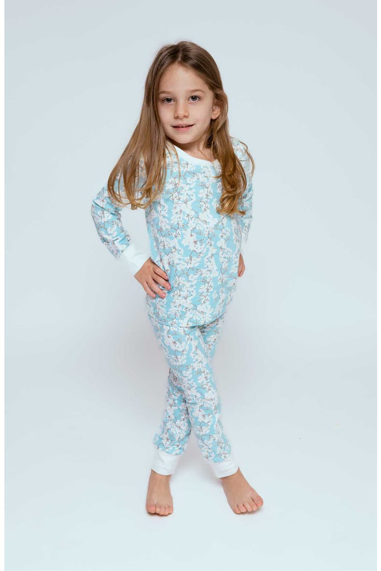 Kids Organic Two-Piece Pajama Set in Cherry Blossoms, Alternate, color, BLUE