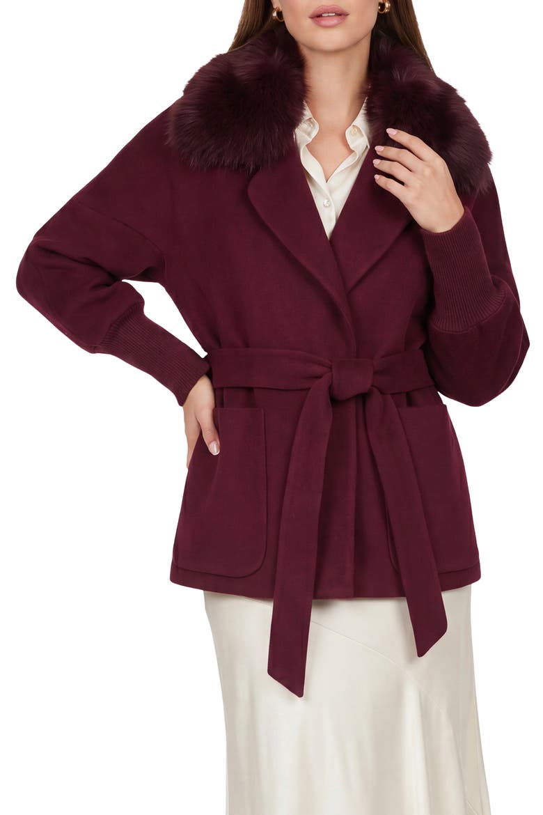 Fabric Jacket with Detachable Genuine Shearling  Collar, Belt, Main, color, BURGUNDY