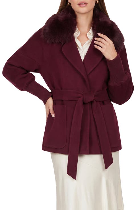 Fabric Jacket with Detachable Genuine Shearling  Collar, Belt