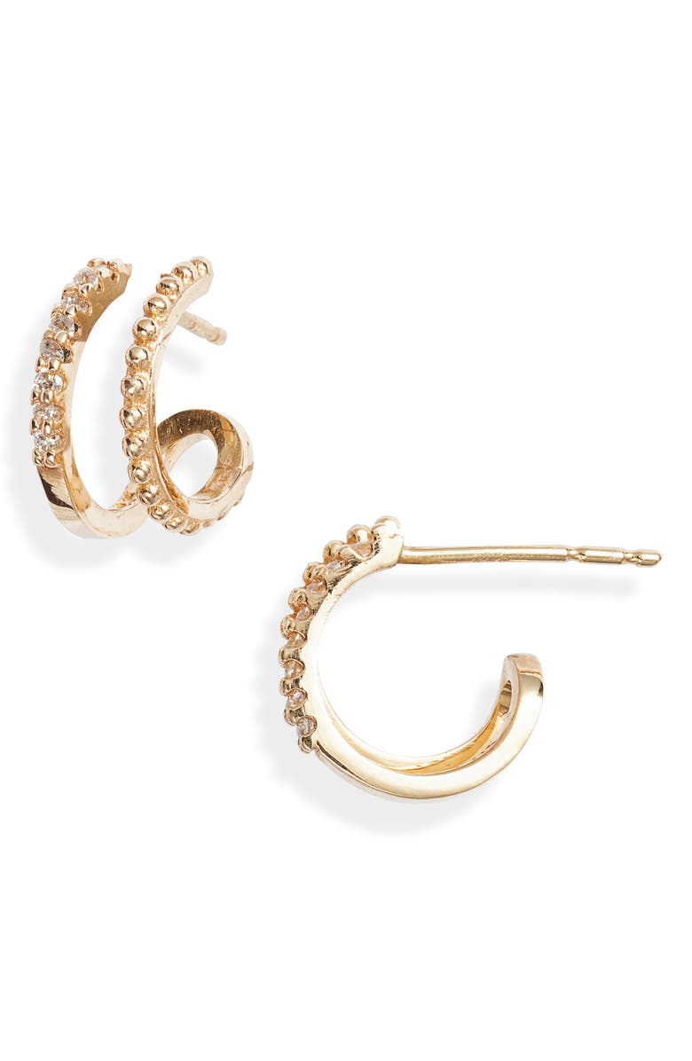 Anzie x Mel Soldera Dew Drop Pavé Diamond Double Row Huggie Hoop Earrings, Main, color, 8Mm 14K Yellow Gold