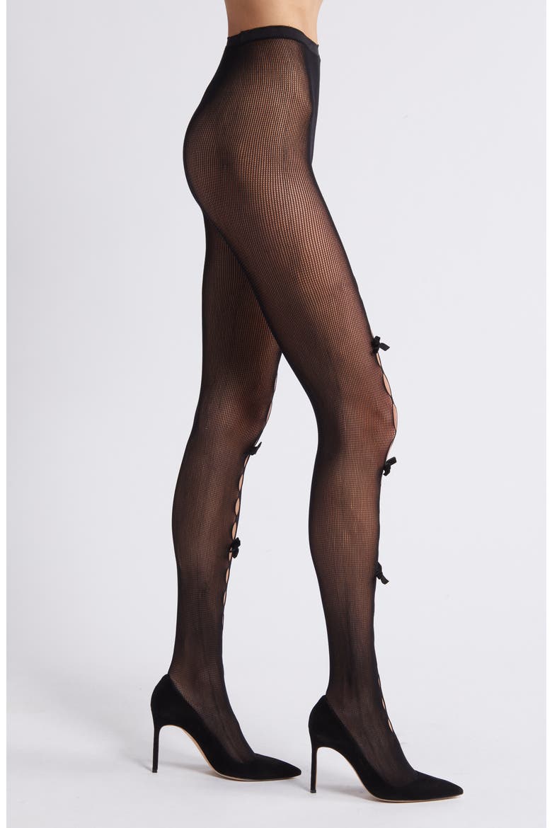 Velvet Bow Cutout Tights, Alternate, color, BLACK