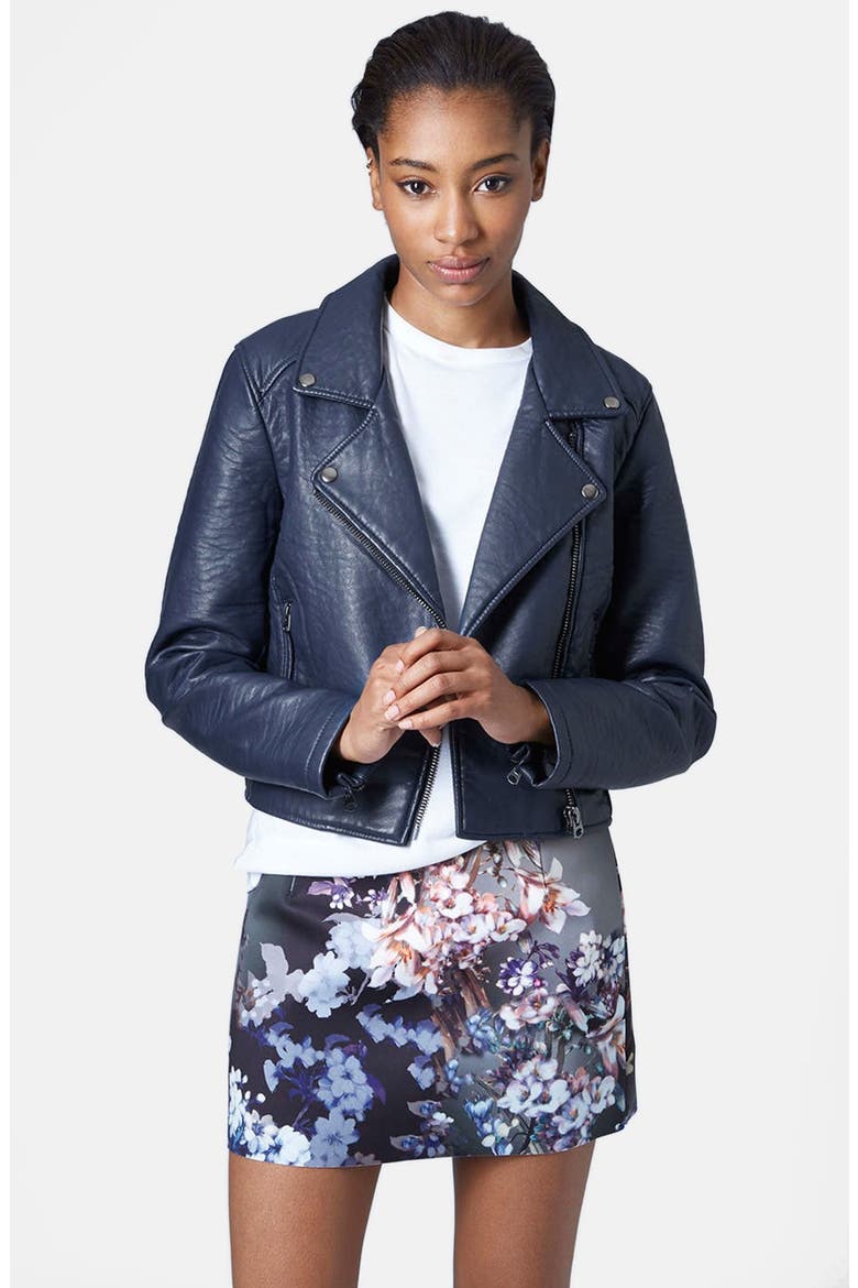 Faux Leather Biker Jacket, Main, color, NAVY BLUE