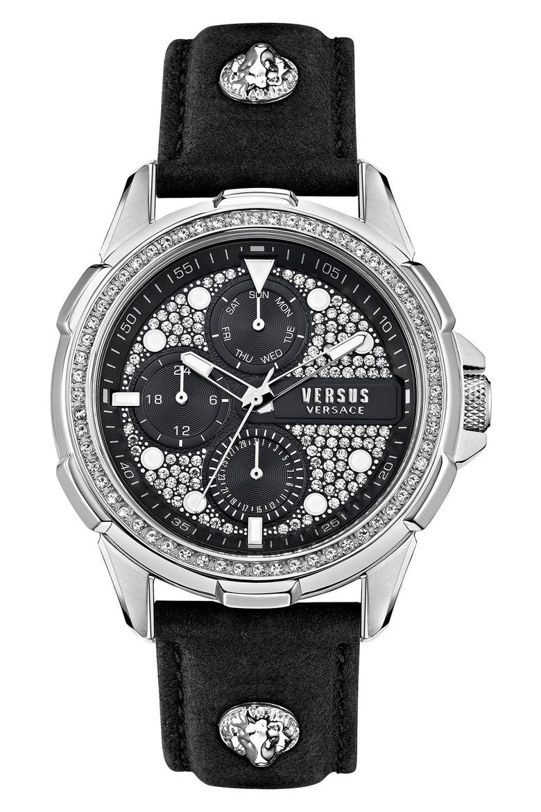 6E Arrondissement Crystal Multifunction Leather Strap Watch, 46mm, Main, color, STAINLESS STEEL/ BLACK