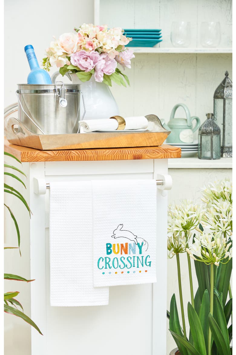 "Bunny Crossing" Easter Rabbit Spring Theme Kitchen Dishtowel, Alternate, color, White