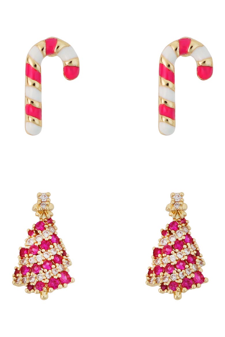 Set of 2 Candy Cane & Christmas Tree Stud Earrings, Main, color, RED