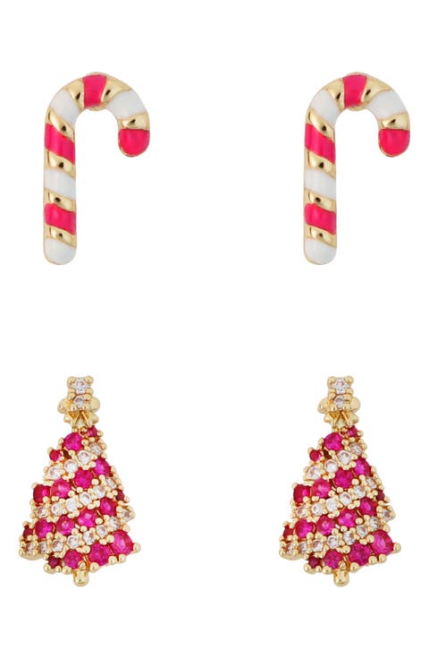 Set of 2 Candy Cane & Christmas Tree Stud Earrings