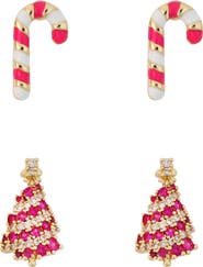 Panacea Set of 2 Candy Cane & Christmas Tree Stud Earrings