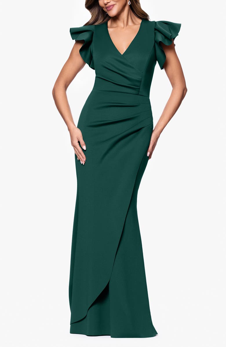 Xscape Evenings Ruffle Ruched Scuba Knit Gown, Main, color, 