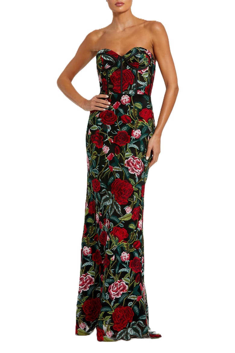 Sheer Bustier Top Floral Applique Gown, Main, color, Black Multi