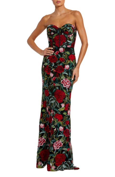 Sheer Bustier Top Floral Applique Gown