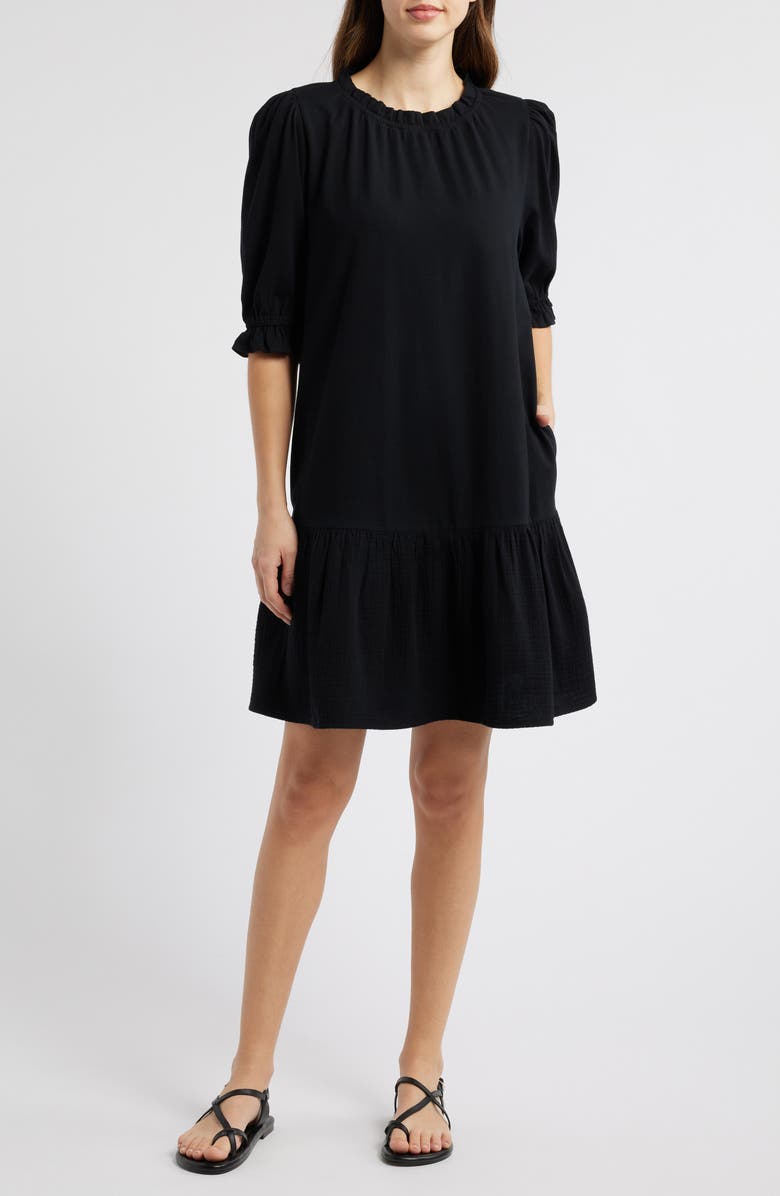 Caslon<sup>®</sup> Ruffle Trim Shift Dress, Main, color, Black