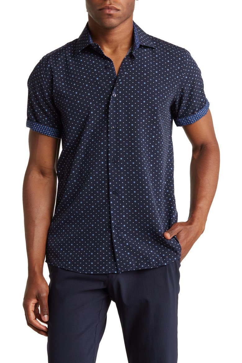 Anchor Print Slim Fit Short Sleeve Performance Stretch Button-Up Shirt, Main, color, NAVY BLUE