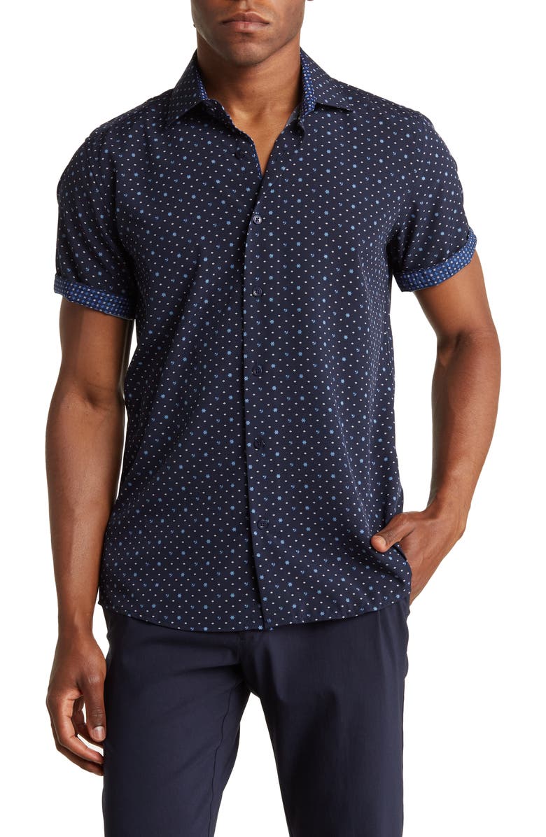 TOM BAINE Anchor Print Slim Fit Short Sleeve Performance Stretch Button-Up Shirt, Main, color, Navy Blue