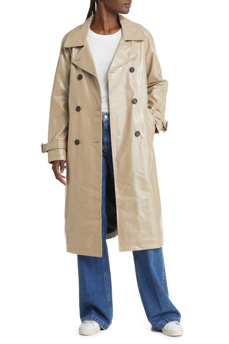 Double Breasted Faux Leather Trench Coat, Alternate, color, NOUGAT