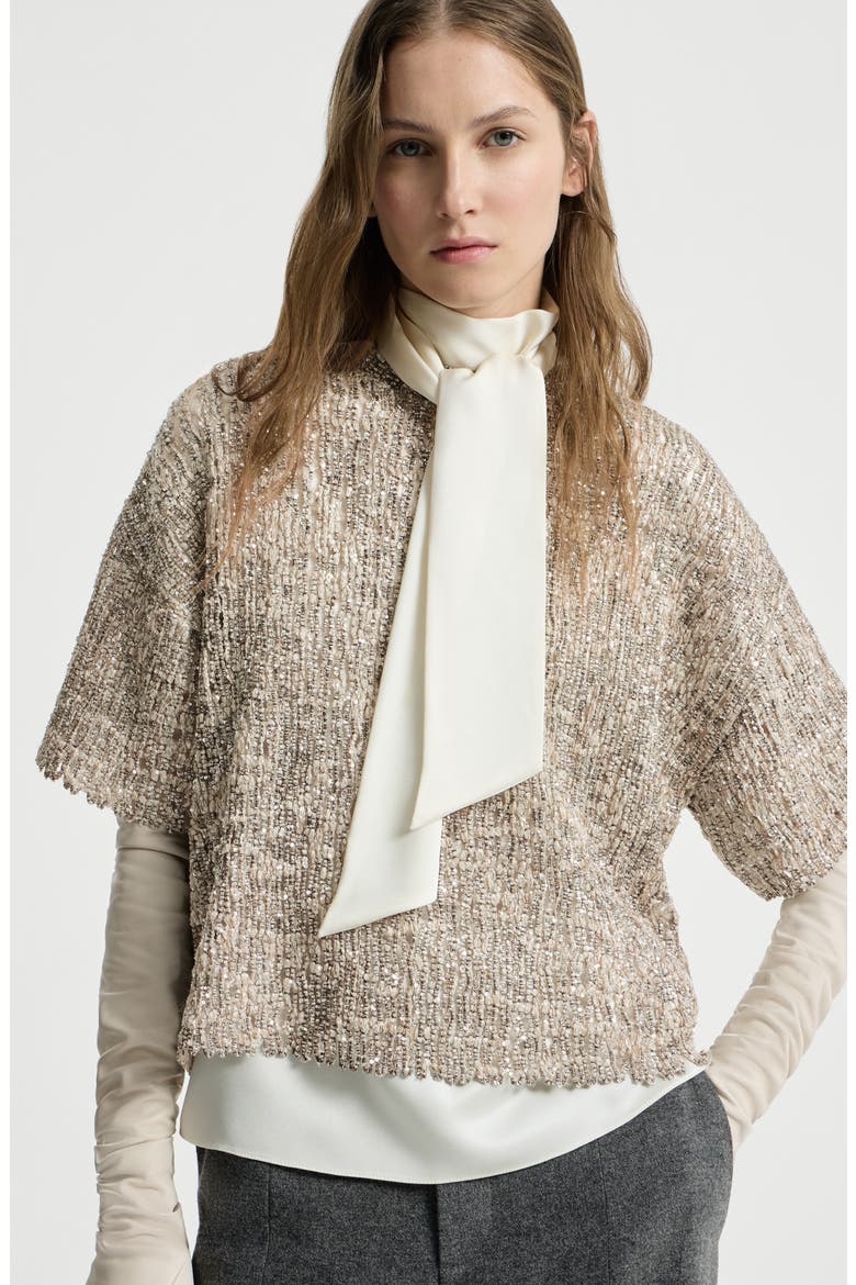 Dazzling craquelé embroidery t-shirt in mohair and wool, Alternate, color, Silver