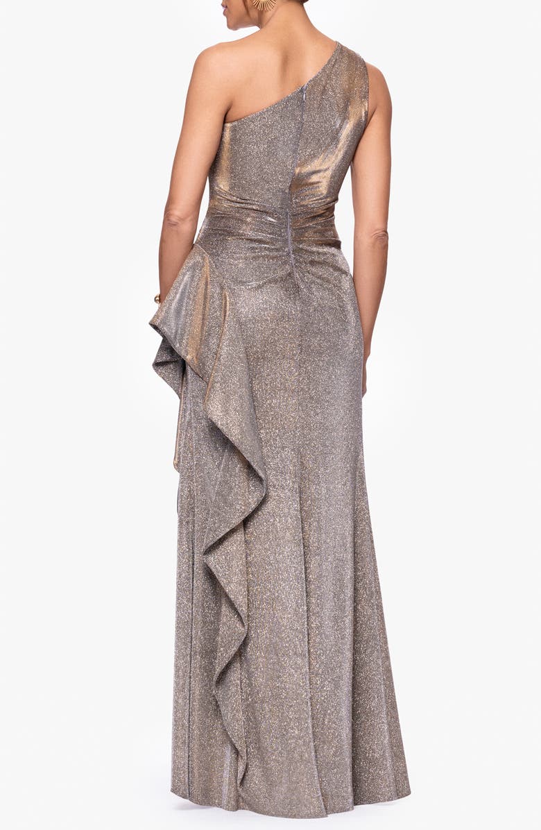 Xscape Evenings Galaxy One-Shoulder Ruffle Detail Glitter Knit Gown, Alternate, color, Sand