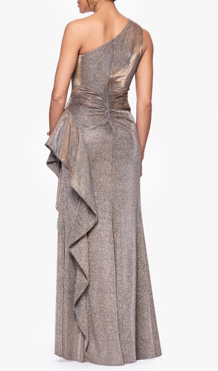 Galaxy One-Shoulder Ruffle Detail Glitter Knit Gown