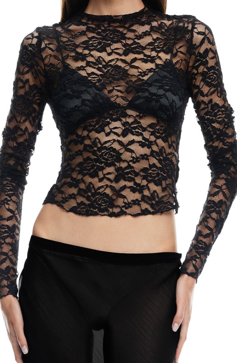 LIONESS Hamptons Floral Lace Long Sleeve Top, Alternate, color, Noir