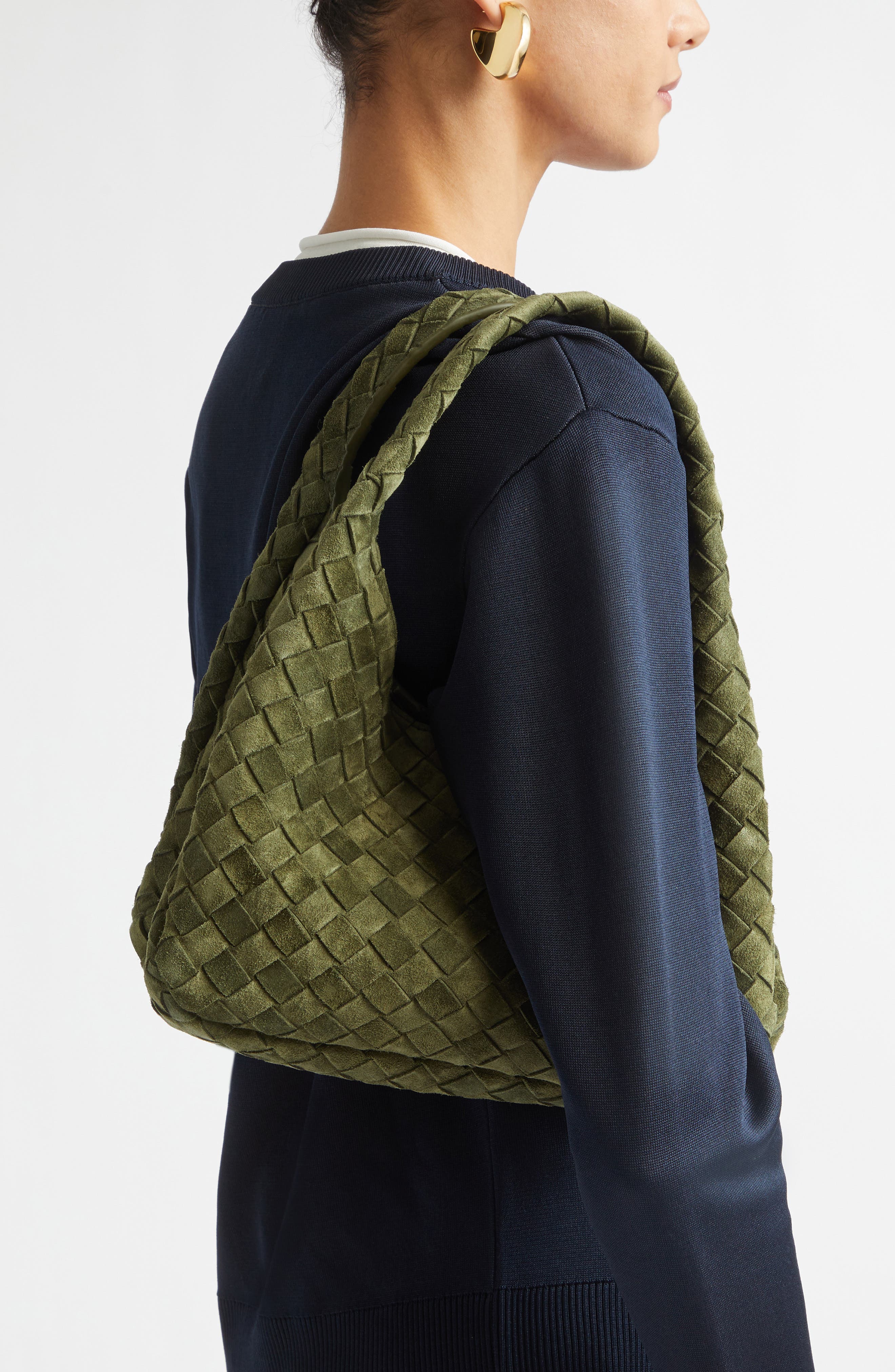 Small Campana Intrecciato Suede Tote, Alternate, color, 3783 GREEN TWEED-M BRASS