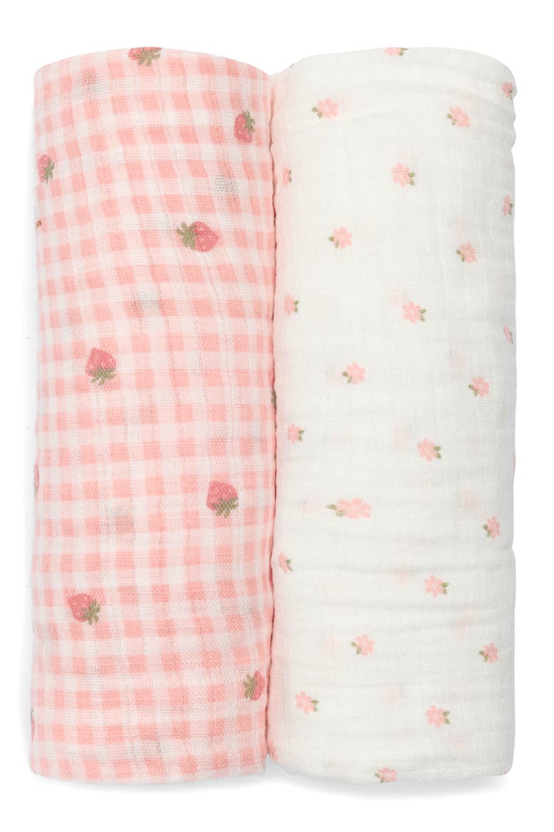 2-Pack Assorted Muslin Strawberry Swaddle Blankets, Main, color, MULTI WHITE