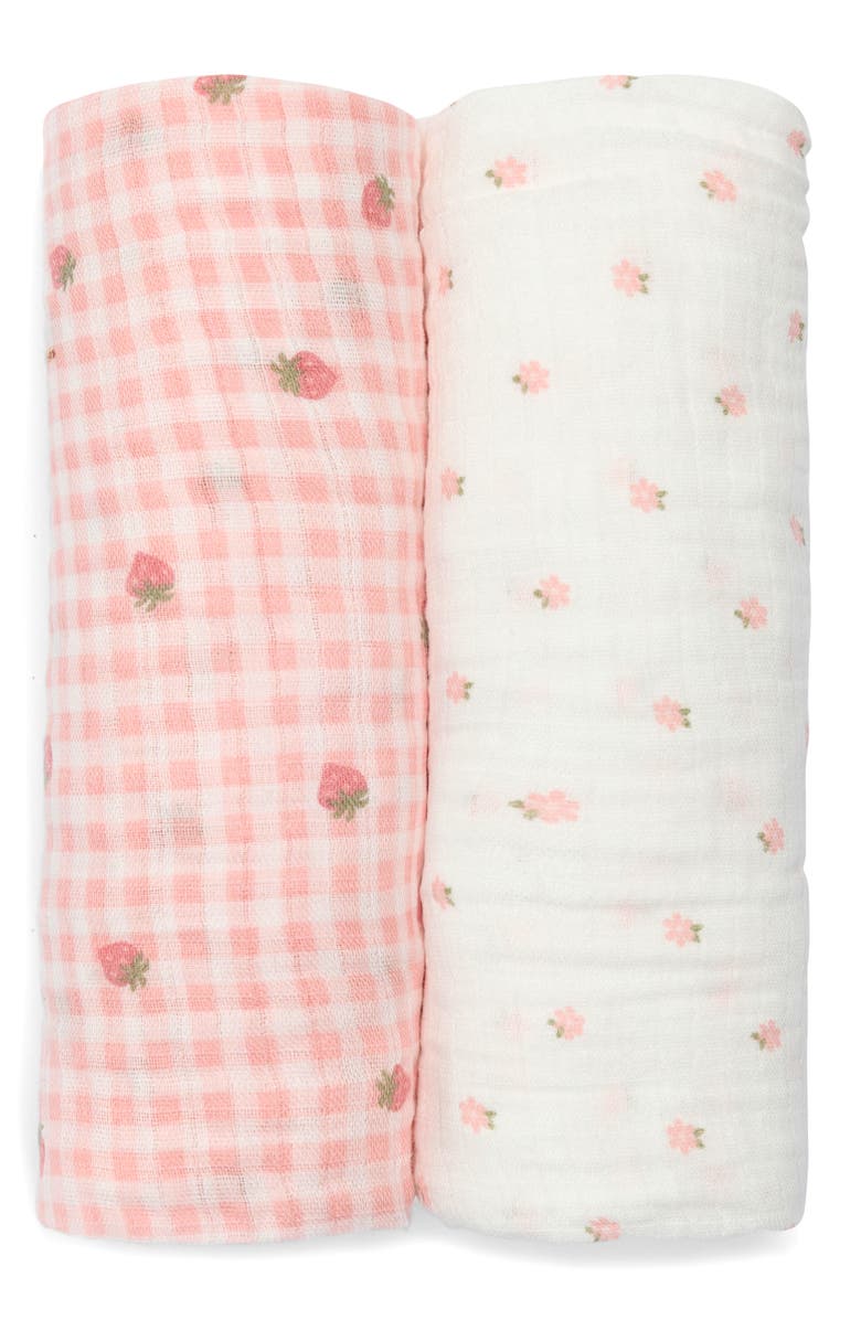 KYLE AND DEENA 2-Pack Assorted Muslin Strawberry Swaddle Blankets, Main, color, Multi White